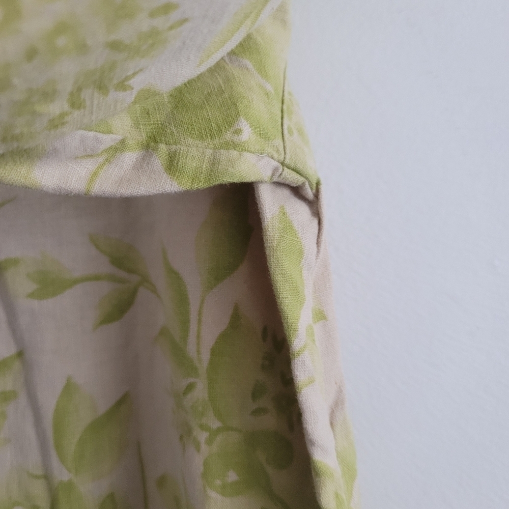 VTG A.M.I. Green Floral Tan Button Up V-Neck Shirt Lagenlook Linen Cotton Large - Picture 8 of 10